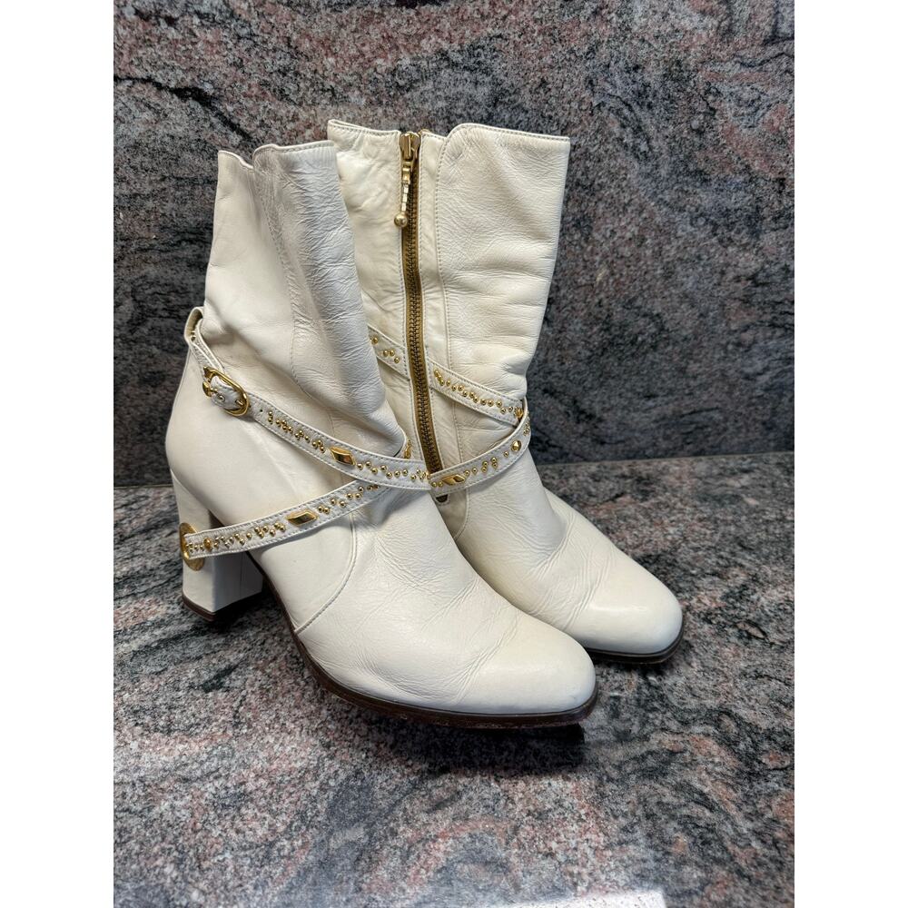 Vintage White Leather Ankle Boots with Gold Studs, size 11